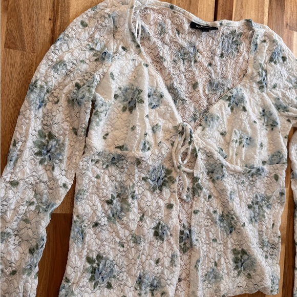 Self Esteem Tops - Cottagecore Floral Lace Tie Front Top Ditsy Blue Long Sleeve Sweetheart‎ Medium